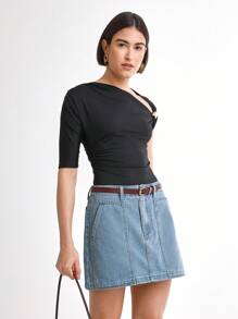 Daynim Women's Casual Vacation Denim Mini Skirt  Loose Wide Leg - Light Wash - View 4