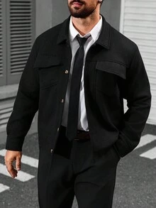 Manfinity CasualCool Men's Long Sleeve Mature Casual Solid Color Overcoat , Fall Winter - Black - View 5