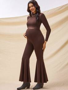 Boho Mama 2pcs Maternity Set: Solid Color Round Neck Long Sleeve T-Shirt And Adjustable Waist Flare Pants  Fall Clothes Boho Maternity Fall Winter Clothes Bohemian - Brown - View 7