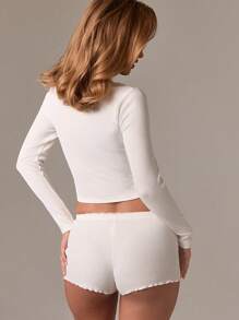 AiiRZ Conjunto de pijama de manga larga de punto acanalado con top corto de cuello cuadrado con volantes de encaje y shorts de cintura alta, conjunto de ropa de dormir y descanso acogedor para el invierno - Blanco - Ver 2