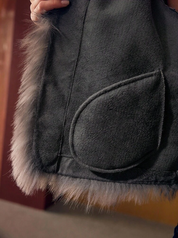 COLORBLOCK LONG SLEEVE FAUX FUR COAT