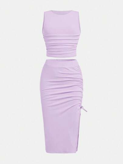 SHEIN Girlism 2件套青少年女童合身休闲针织紧身褶边长裙