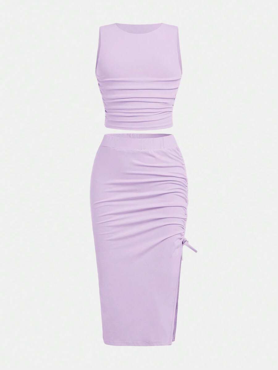 SHEIN Girlism 2件套青少年女童合身休闲针织紧身褶边长裙 - 淡紫色 - 查看 1