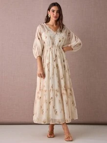 Enchnt 女士优雅全印花连衣裙，适合度假穿着 - 黃色 - 查看 3