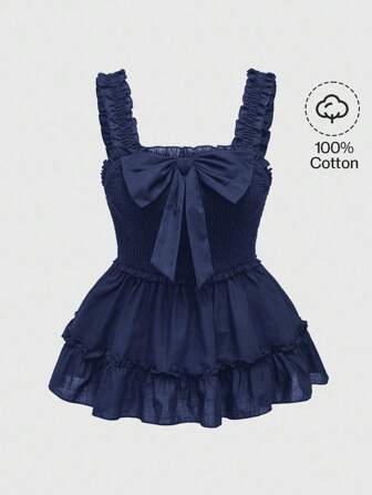 Kawaii Women's Casual Solid Color Bow Decor Camisole, Summer