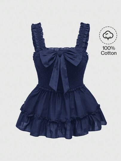 Kawaii Women's Casual Solid Color Bow Decor Camisole, Summer