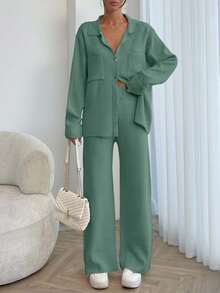 EURMUSE Women Solid Color Collar Neck Front Button Pocket Detailed Pullover & Sweater Pants Set,Winter Clothes - Mint Green - View 5