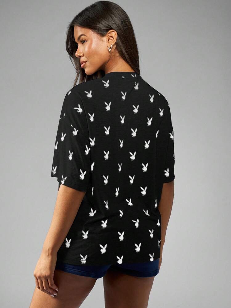 Missguided x Playboy Bunny Logo All Over Print Oversized T Shirt Modern Fashion Statement Streetwear Casual Everyday Weekend Loungewear Monochrome Design