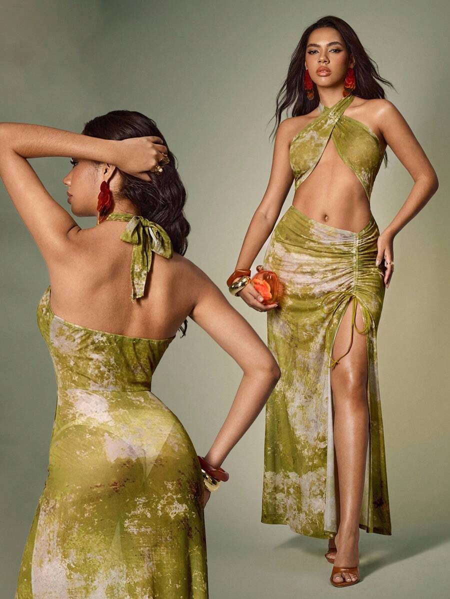 Shutterstock Vestido de mujer con estampado de teñido anudado, escote halter y abertura lateral, para usar de vacaciones, en la playa, en sesiones fotográficas, como atuendo hawaiano o para fiestas - Verde - Ver 1
