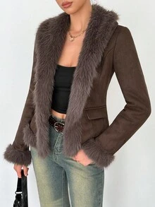 SHEIN Tall Women's Long Sleeve Open Front Faux Fur Fashion Jacket Women Brown Jacket In Fall/Winter - Brown - View 8