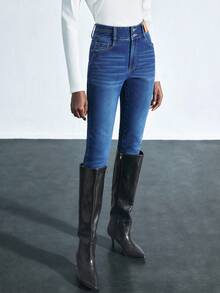 Maija 女士休闲修身保暖牛仔裤 女士蓝色天鹅绒高腰修身打底裤 舒适高弹牛仔保暖裤 冬季休闲装 - 深色水洗藍 - 查看 4