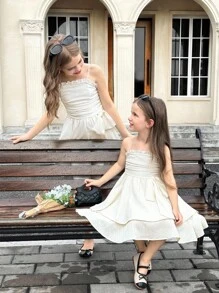 SHEIN 年轻女孩编织纹理荷叶边蝴蝶结分层蛋糕裙腰带优雅连衣裙，白色连衣裙，法式仙女风格，公主裙，适合生日派对，毕业舞会，派对 - 米色 - 查看 13