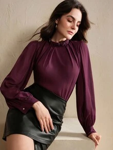 Anewsta Áo cánh dài tay thanh lịch, cổ đứng màu trơn, trang trí xếp ly thủ công - Màu tím - Xem 3