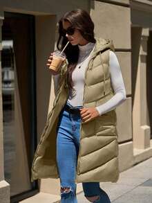 SHEIN Cottnline Sleeveless Hooded Pocket Zip-Up Jacket - Beige - View 3