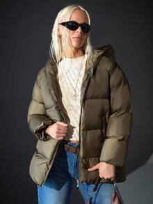 SHEIN Cottnline Long Padded Winter Coat, Front Zipper Closure Quilted Side Pockets Coat, Warm And Lightweight, Casual Winter Outerwear, Waterproof Fabric Puffer Coat - Khaki - View 5