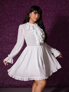 Viva Relle فستان قطع A مقاس كبير مع طوق مكرمل وخصر مطاطي، أناقة فرنسية فاخرة - أبيض - مشاهدة 1