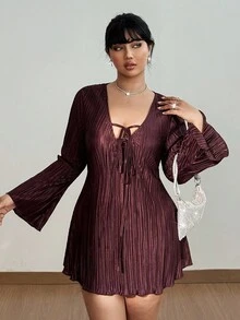 Viva Relle 大码女式纯色深V领系带长袖性感超长连衣裙 - 棕色 - 查看 1