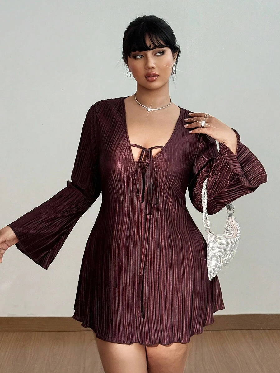 Viva Relle 大码女式纯色深V领系带长袖性感超长连衣裙 - 棕色 - 查看 1