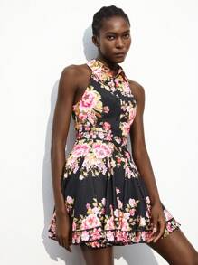 Maija 女士休闲简约牡丹花卉印花无袖衬衫领连衣裙，适合度假、海滩、音乐节、万圣节、派对、婚礼嘉宾、商务休闲 - 黑色 - 查看 7