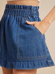 WESTFADE 褶饰腰部实用口袋荷叶边 A 字形牛仔短裤乡村西部牛仔竞技纳什维尔早午餐 - 深色水洗藍 - 查看 2