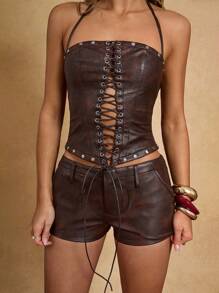 SHEIN BAE 女士时尚性感交叉露背吊带上衣，适合夏季、秋季、冬季穿着，哥特风、夜店风性感款 - 咖啡棕 - 查看 4