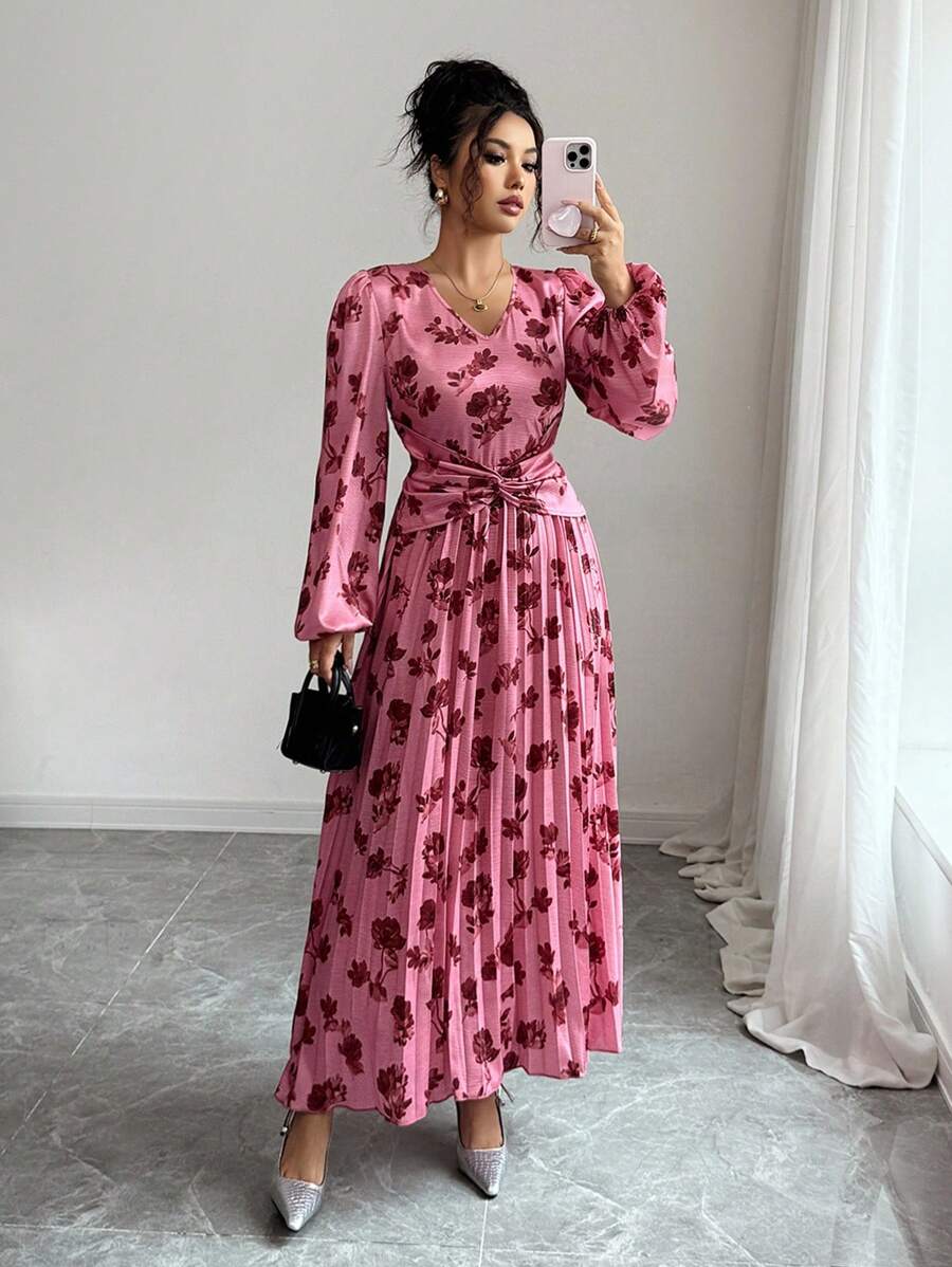 Modelyn 法式收腰V领灯笼袖连衣裙 - 彩色 - 查看 1