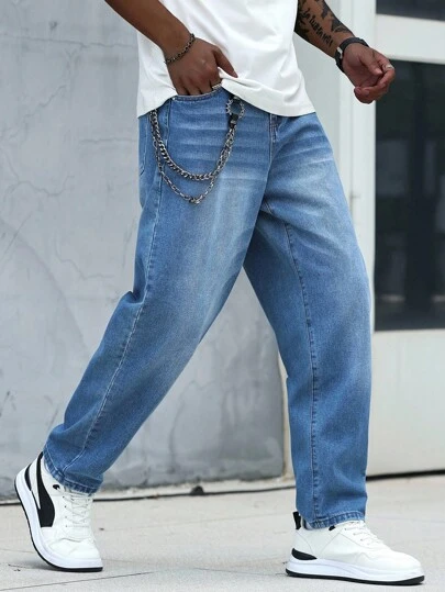 Manfinity Homme Men's Casual Washed Tapered Leg Jeans Baggy Blue Jeans Men Baggy Jeans Streetwear Boyfriend & Husband Washed Blue Loose Wide Leg For Vacation Denim Shorts