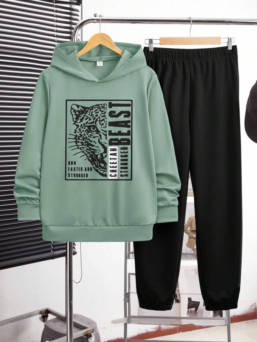 SHEIN 2 件套青少年男童休闲动物和英文字母印花连帽运动衫和抽绳裤套装,适合秋季、冬季、学校、家居、运动、简单百搭的日常穿着 - 薄荷綠 - 查看 1