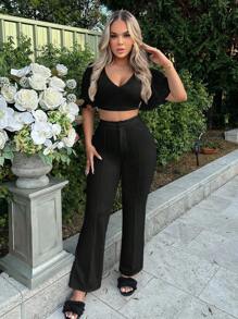 SHEIN SXY Solid Flare Leg Suit Pants In Fall/Winter - Black - View 3