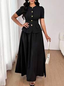 SHEIN Lady 优雅通勤纯色复古腰带夹克和裙子套装金属扣老钱风格女士早午餐装女士优雅装