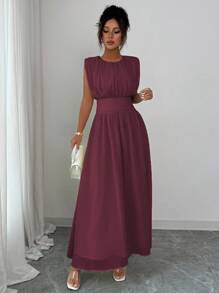 Elenzga Váy Maxi Chiffon Thanh Lịch Thường Ngày Cho Nữ Có Eo Xếp Ly, Dáng Chữ A, Thích Hợp Đi Làm, Đi Nghỉ, Tiệc Trà Chiều, Tiệc Tùng, Màu Trơn, Xuân/Hè - Màu Tím - Xem 1