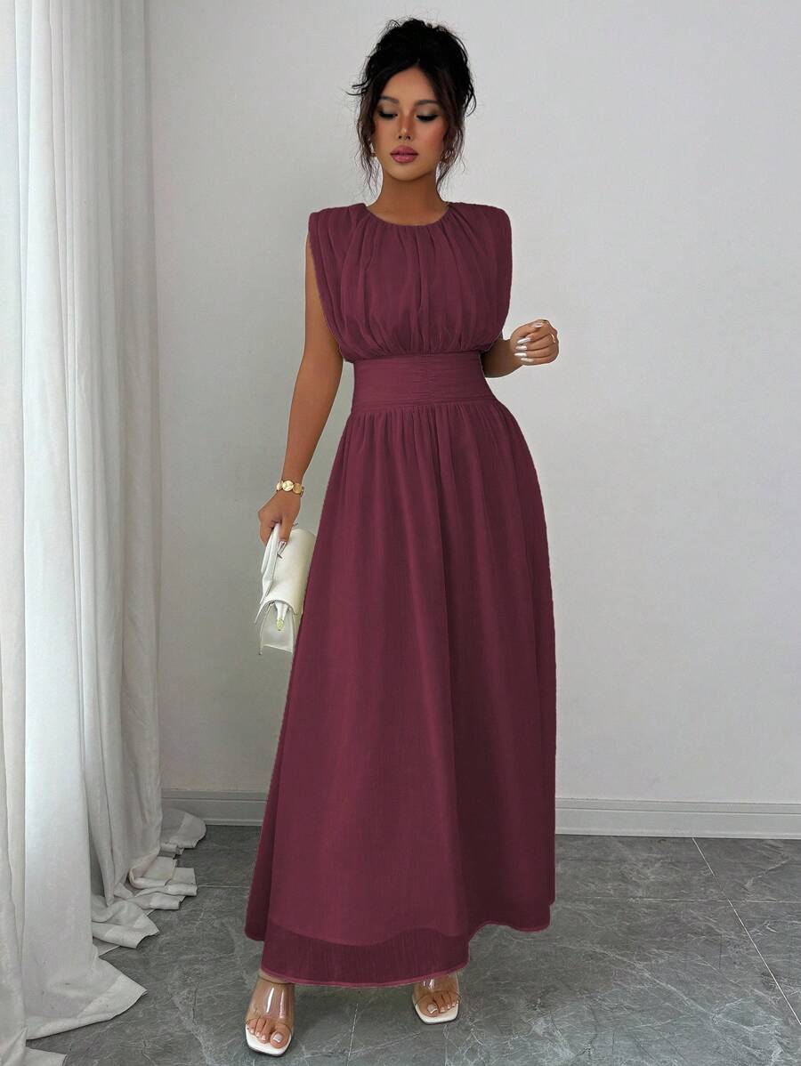 Elenzga Váy Maxi Chiffon Thanh Lịch Thường Ngày Cho Nữ Có Eo Xếp Ly, Dáng Chữ A, Thích Hợp Đi Làm, Đi Nghỉ, Tiệc Trà Chiều, Tiệc Tùng, Màu Trơn, Xuân/Hè - Màu Tím - Xem 1