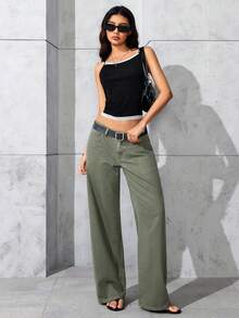 SHEIN ICON 休闲水洗低腰直筒牛仔裤 - 軍綠色 - 查看 3