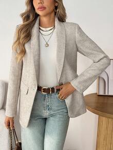 SHEIN LUNE 卡其色女士基础款纽扣西装外套，秋冬季女装，适合秋季、冬季等各种场合，包括外出上衣、乡村风格服饰等。 - 卡其色 - 查看 3