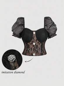 SHEIN MOD Blusa romántica de talla grande con mangas abullonadas, decoración de botones de metal, diseño ceñido a la cintura, negro, adecuado para fiesta, cita, elegancia vintage - Negro - Ver 2