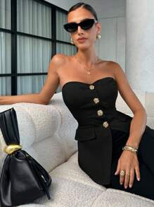 Lavishia Women's Fashionable Elegant Fitted Floral Button Camisole Top - Black - View 2