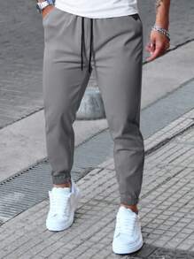 Manfinity Homme 男士抽绳腰口袋卷边休闲裤，秋季 - 深灰色 - 查看 3