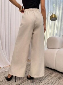 Lavishia Women's Patchwork Wavy Ribbon Pocket Wide Leg Loose Casual Pants - Apricot - View 2