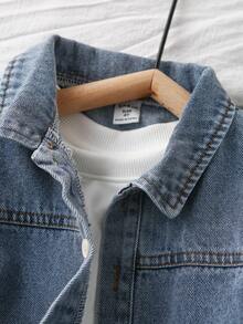 SHEIN 2 件套年轻男童蓝色水洗双面领厚衬衫上衣和羊毛运动裤套装，休闲运动校园风格，适合居家和户外穿着 - 彩色 - 查看 4