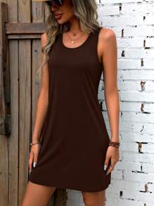 INAWLY Váy thun ba lỗ màu trơn dành cho nữ - Cà phê - Xem 4