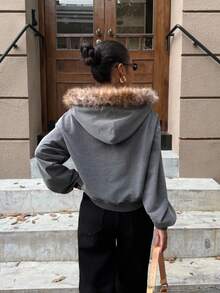 Muchica 女式万圣节服装哥特式水洗做旧休闲复古仿皮草领连帽夹克朋克斗篷外套复古风格女式 Y2K 服装秋冬女式 Y2K 服装 - 黑色 - 查看 2