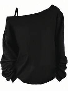 EMERY ROSE Áo thun dài tay họa tiết trái tim phong cách đại học thường ngày dành cho nữ tham dự lễ hội âm nhạc trở lại trường, phù hợp cho mùa thu/đông - màu đen - Xem 2