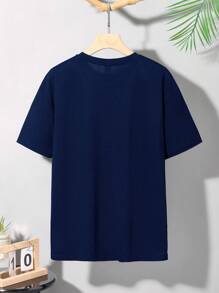 SHEIN Áo thun ngắn tay màu trơn phong cách thường ngày mùa hè cho nam thiếu niên - Màu xanh hải quân - Xem 2