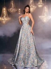 Glamrae 优雅奢华露肩浅金色和蓝色提花花卉舞会礼服，适合返校派对、单身派对、婚礼、派对、度假、宴会 - 彩色 - 查看 8