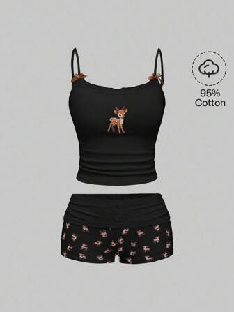 J-Fashion Cute Deer Embroidered Lace Blouse Paired With Deer Print Shorts