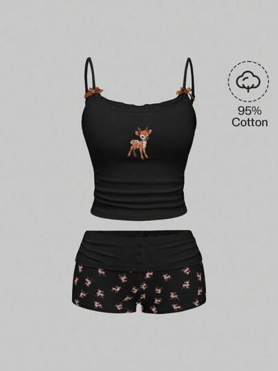 J-Fashion Blusa ricamata in pizzo con cervo abbinata a pantaloncini con stampa di cervi