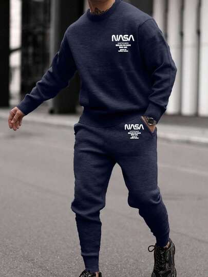 EURMUSE Men's Slogan Print Crew Neck Long Sleeve Sweatshirt And Sweatpants Casual 2 Pieces Set