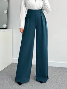 SHEIN Tall 女士纯色高腰阔腿裤 - 墨綠色 - 查看 5