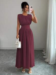 Elenzga Váy Maxi Chiffon Thanh Lịch Thường Ngày Cho Nữ Có Eo Xếp Ly, Dáng Chữ A, Thích Hợp Đi Làm, Đi Nghỉ, Tiệc Trà Chiều, Tiệc Tùng, Màu Trơn, Xuân/Hè - Màu Tím - Xem 7