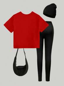 SHEIN 女孩红色 T 恤和黑色紧身裤两件套，休闲时尚创意豹纹、樱桃图案和标语印花，基本款短袖 T 恤和裤子套装 - 彩色 - 查看 2